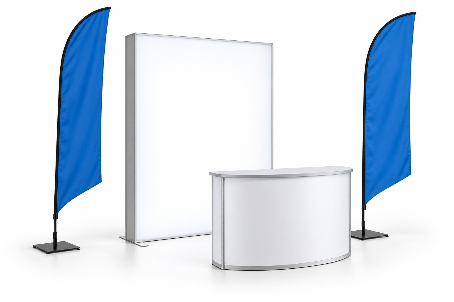 Visualisierung eines Messestands mit Leuchtkasten, Counter und Flaggen