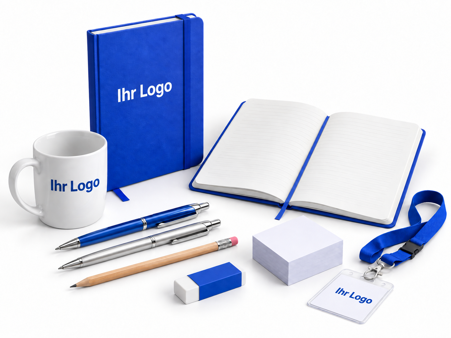 Büroausstattung mit beispielhaften Logo-Positionen auf Notizbuch, Tasse und Ausweishalter