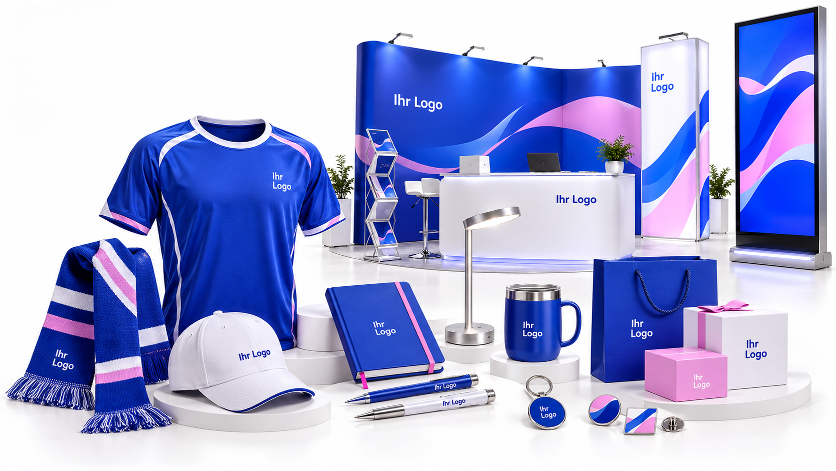 Designbeispiel einer Produktwelt mit Messestand, Sporttextilien, Schreibwaren, Trinkgefäßen, Verpackungen, Licht und digitaler Stele