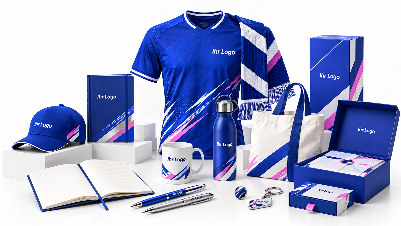 Designbeispiel mit Trikot, Schal, Kappe, Tasche und weiteren Merchandise-Artikeln