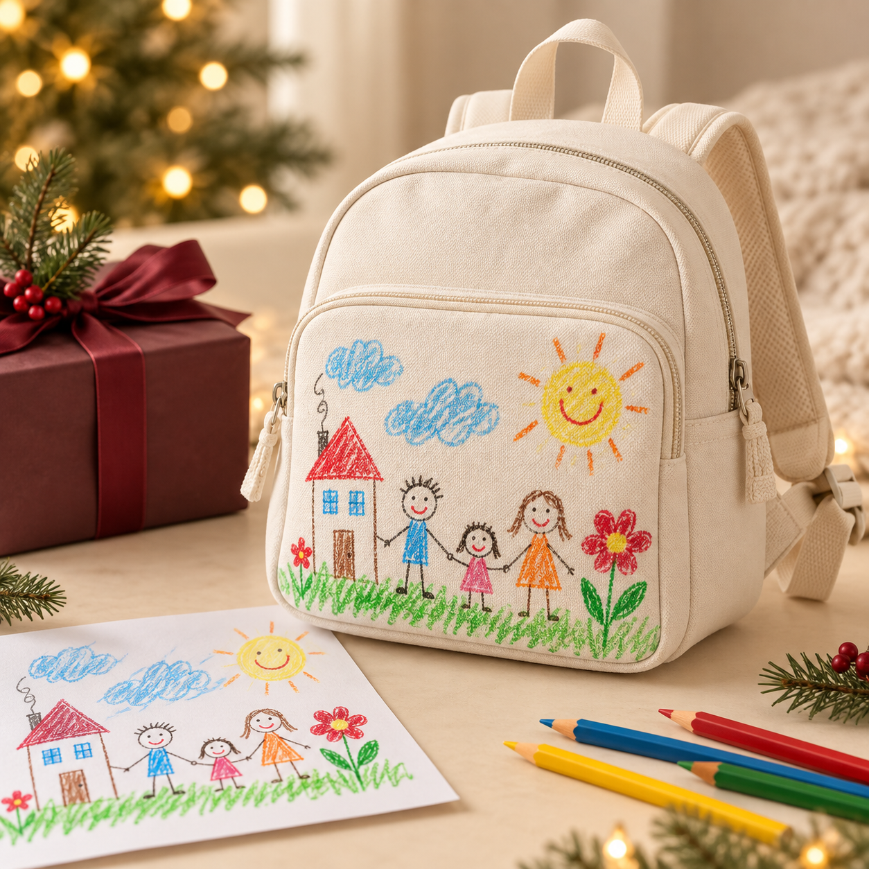 Visualisierung eines Rucksacks mit übertragener Kinderzeichnung