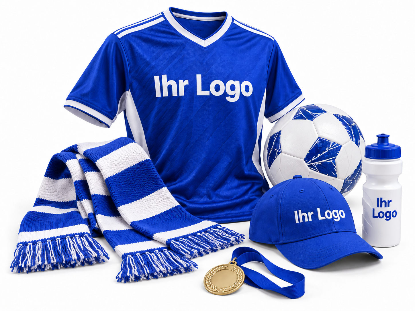 Vereins- und Teamausstattung mit beispielhaften Logo-Positionen auf Trikot, Cap und Trinkflasche