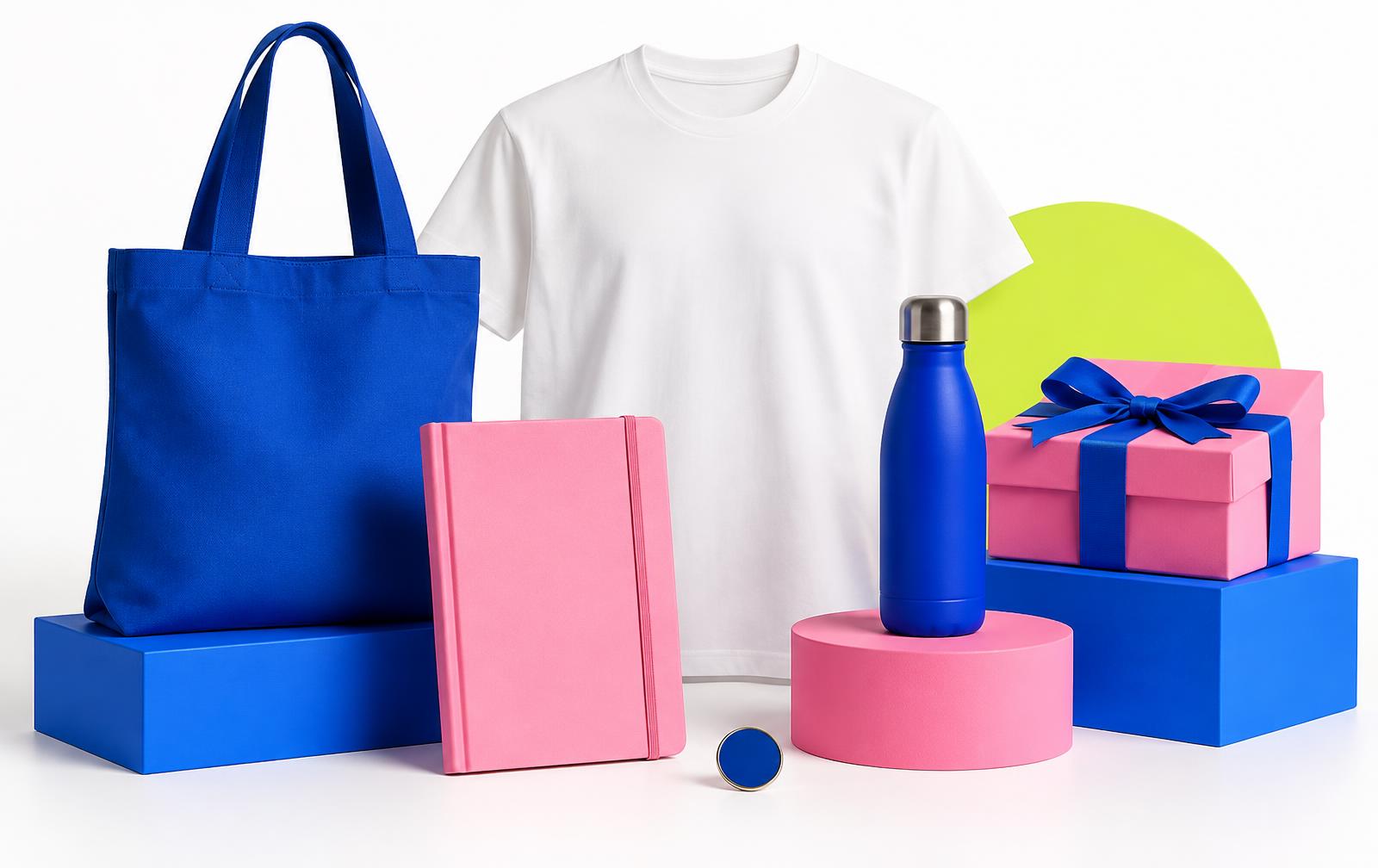 Auswahl unbedruckter Merchandise-Produkte: Flasche, Notizbuch, Tasche